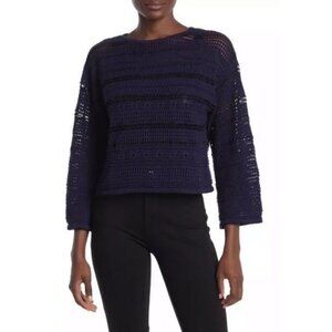 Cotton Emporium Pointelle Boat Neck Sweater Size Large Navy Long Sleeve Sz L New